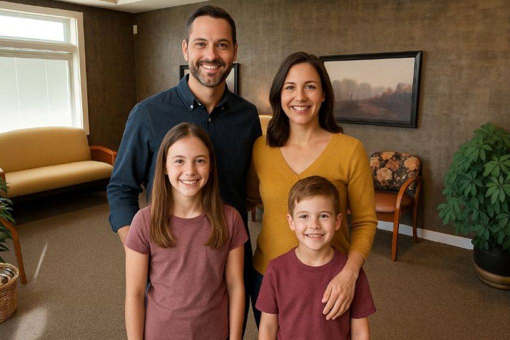 Family In Dentist Office Lobby Smiling