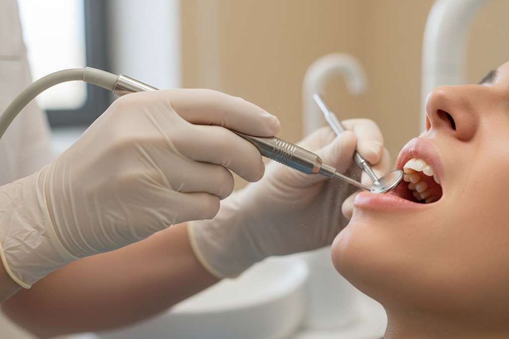 Hygienist performing deep cleaning with ultrasonic scaler