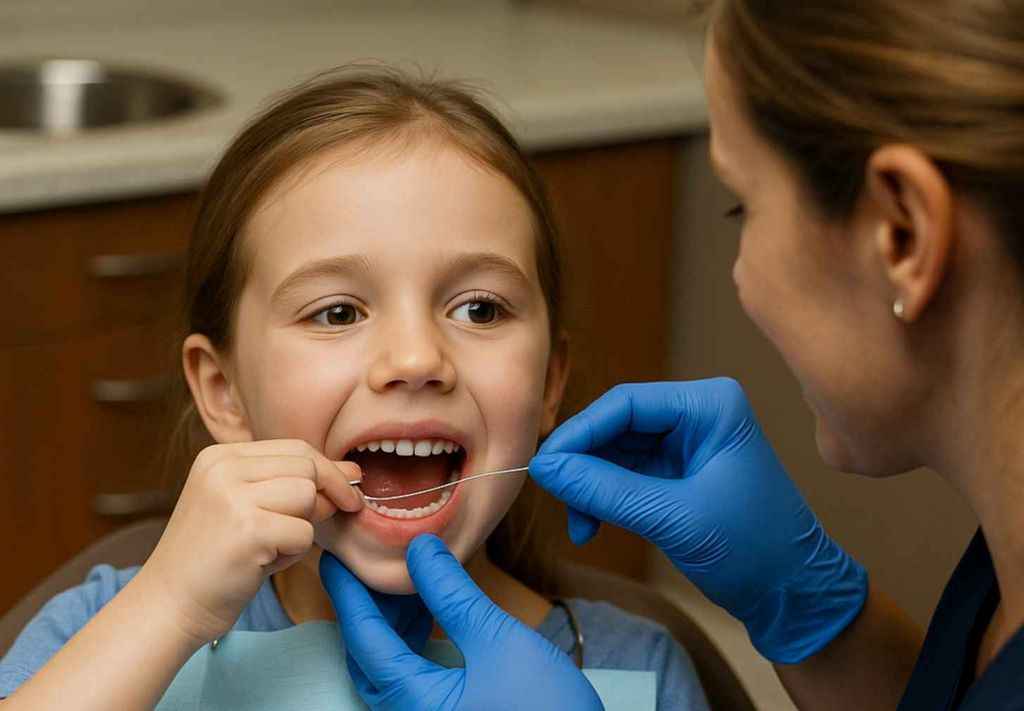 Little girl flossing teeth