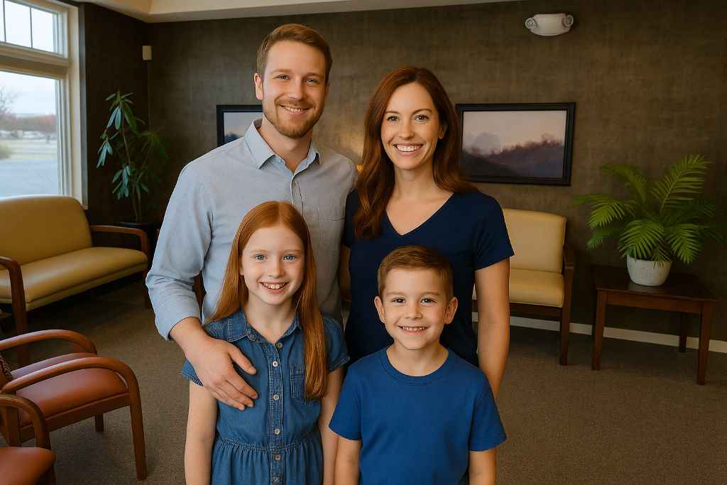 Family-Smiling-In-Waiting-Room